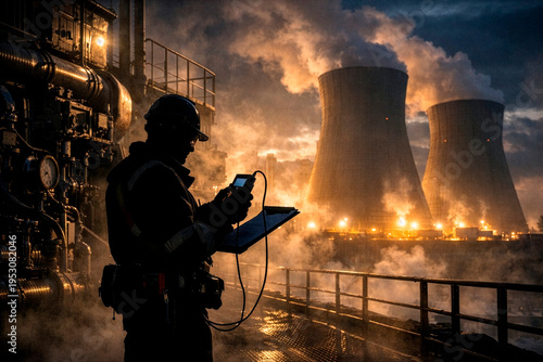 A power engineer takes measurements in front of a power plant's cooling towers.