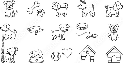 Collection of cute cartoon dog icons and pet accessories in a simple line art style