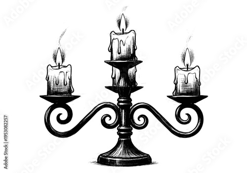 Vintage candelabra with three burning candles and dripping wax, sketched in black and white