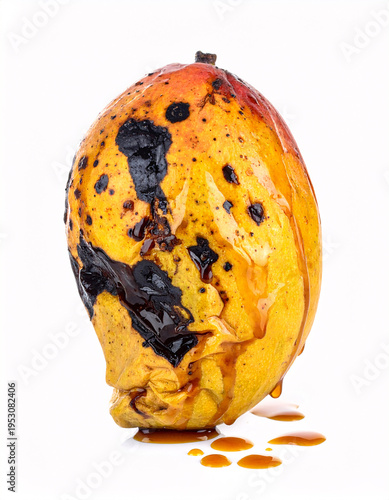 Rotten yellow mango with dark spots and leaky juice isolated on white
