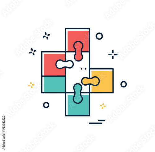 Block puzzle assembly theme depicted by interlocking square shapes forming a simple grid, expressing logic, problem solving, and constructive play. The badge