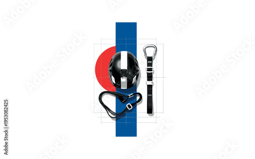 Black and white helmet and harness gear laid flat in minimal arrangement, bold red semicircle tucked behind the helmet, deep blue vertical stripe dividing