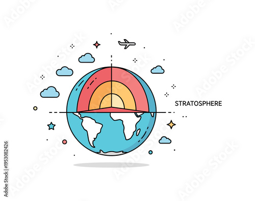 Earth atmosphere layers illustrated as a clean cross section globe with softly separated bands rising above the planet surface. Small cloud icons, a tiny