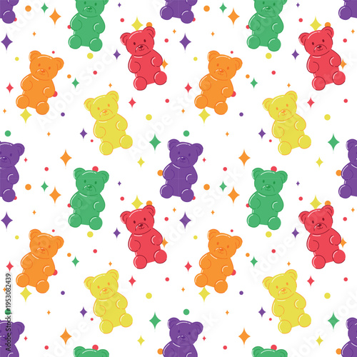 Colorful seamless pattern with gummy bears and confetti in a playful layout. Flat vector candy illustration perfect for kids products, textiles, packaging, party decor, and fun backgrounds.