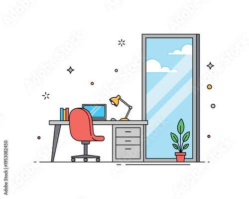 Bright home office by large window illustrated with a desk placed near a tall glass panel and subtle sky accent beyond, suggesting productivity supported by