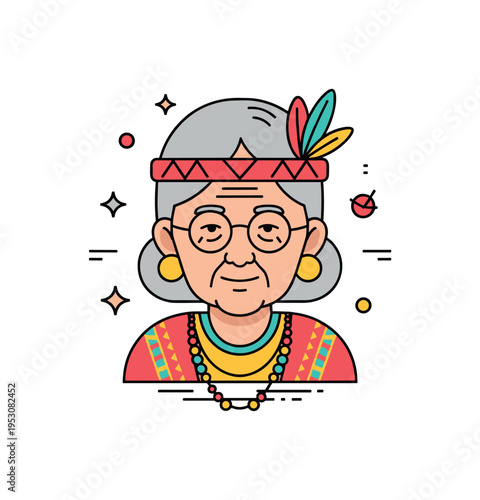 Portraits of elders in indigenous and local communities dignified elder face in calm frontal view with subtle traditional pattern accents forming a respectful