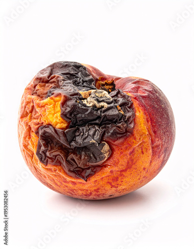 Decaying peach with sunken skin and dark brown rot isolated on white