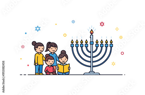 Children lighting Hanukkah candles represented by small figures beside a simple menorah with subtle flame accents, expressing learning and generational