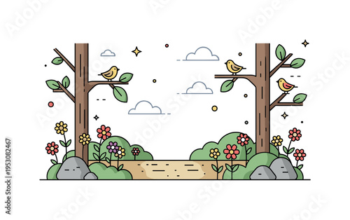 Trail in a woodland clearing with wildflowers along the edges, small birds perched on branches, emphasizing natural beauty and peaceful outdoor experience.