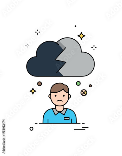 Emotional contrast concept centered on a dark cloud divided into two tones above a neutral figure, representing mixed feelings and complexity of