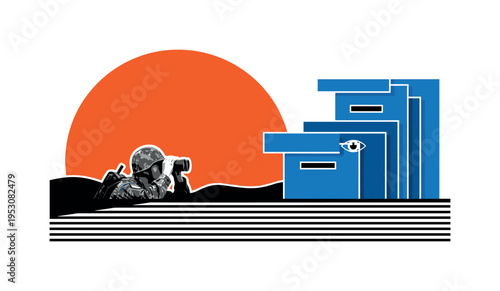 Black and white soldier peeking carefully above trench edge with binoculars, large orange semi-circle framing the upper space, blue geometric rectangles