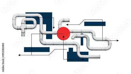 Conceptual energy flow collage featuring black-and-white pipes bending into abstract shapes, bold red circle symbolizing core resource, navy rectangles and
