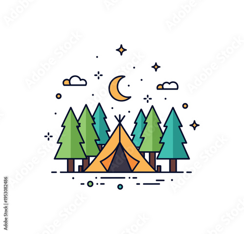 Forest camping getaway illustrated by a tent surrounded by stylized trees and a subtle moon icon above, expressing peaceful nights and immersion in nature. The