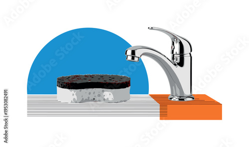 Black and white sponge resting beside polished faucet, large blue semicircle intersecting upper composition, orange rectangular accent grounding the base, thin