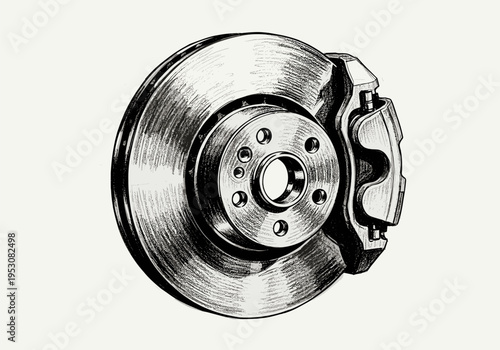 Detailed sketch of a car's brake rotor and caliper assembly on a white background