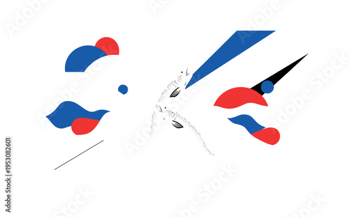 Black and white salmon leaping upstream in synchronized movement, bold semicircular wave forms and sharp diagonal lines structuring the river, flat cobalt blue