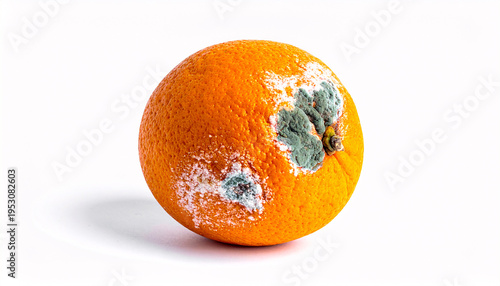 Moldy orange with white and blue fungal spots isolated on white