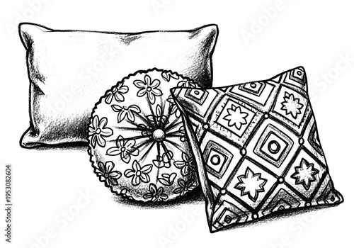 Three decorative pillows with different patterns and textures, sketched in black and white