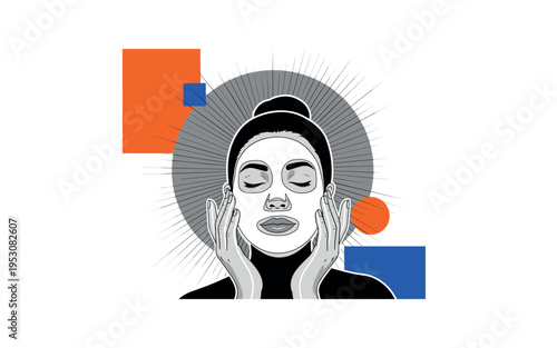 Black and white face mask application scene with calm expression, large abstract circle backdrop and sharp linear grid overlay, vivid orange and cobalt blue