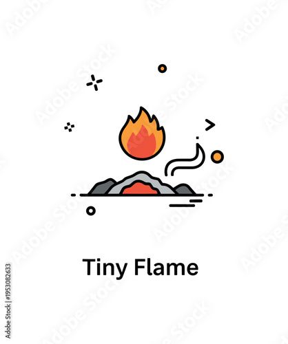 Cinder spark symbol illustrated by a tiny ember floating above a simple ash base with minimal smoke swirl. A compact ?Tiny Flame? caption emphasizes ignition,