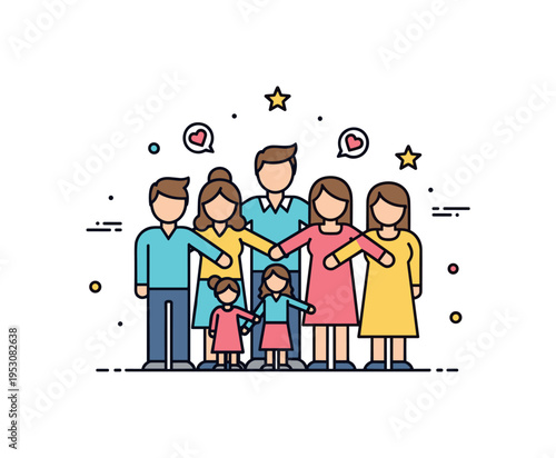 Family reunion celebration illustrated by several figures standing close with arms slightly extended toward each other, while small heart and star icons