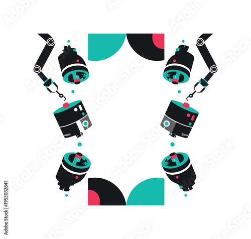 Black and white fragmented satellite pieces floating symmetrically, robotic arms assembling them mid-air, bold semicircles and cylindrical forms echoing