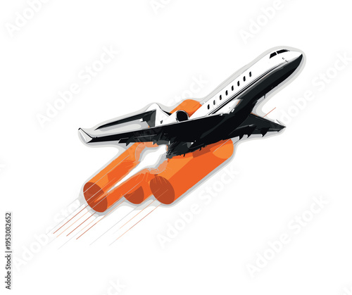 Black and white private jet ascending at a dynamic angle, overlaid with orange cylindrical shapes and thin vertical lines suggesting thrust and motion,