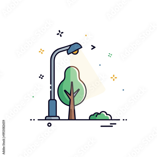 Public park street lighting scene showing a single lamp post beside a minimal tree silhouette with subtle glow spreading gently outward, expressing peaceful