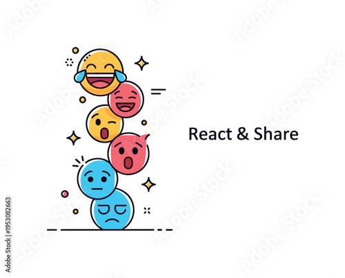 Emoji reaction stack featuring a vertical arrangement of laughing, surprised and cool expressions forming a dynamic silhouette. A short ?React & Share? text