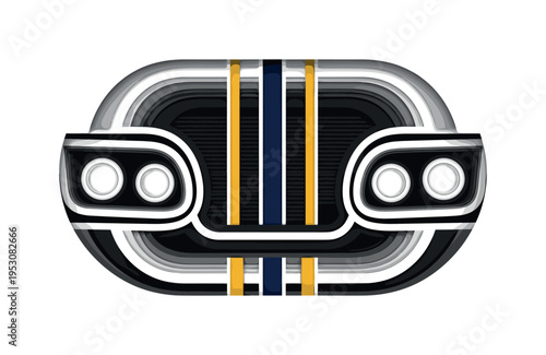 A monochrome close-up of a truck front grille and headlights, oversized semicircles framing the lights symmetrically, thin linear elements echoing road