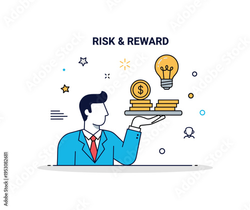 Risk and reward concept centered on a business owner balancing a small coin stack and a lightbulb icon, expressing financial responsibility and innovation. The