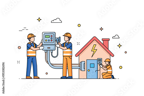 Workers installing a home smart meter and connecting energy lines, illustrating practical infrastructure, technical skill, and residential energy setup.