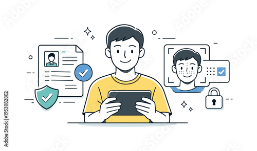 Digital identity verification. A person calmly confirming identity on a tablet, scanning documents and face ID, sense of security and trust in a digital