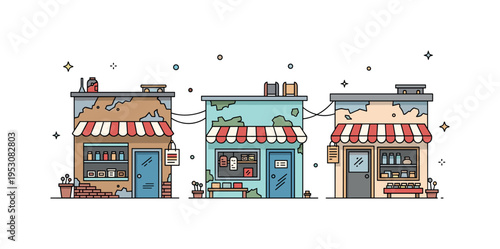 Neighborhood shops with peeling paint and modest displays, showing daily commerce and resilience in a poverty-stricken urban community. Minimalist flat vector