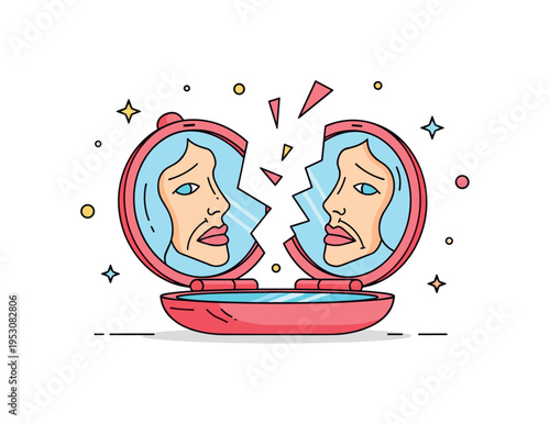 Distorted self perception broken compact mirror revealing a misaligned facial reflection that communicates low self-esteem. The sharp yet simplified shards