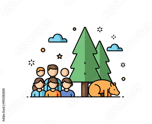 Community led wildlife return initiative concept featuring a small group of simplified human figures beside a forest and animal icon, symbolizing collaboration