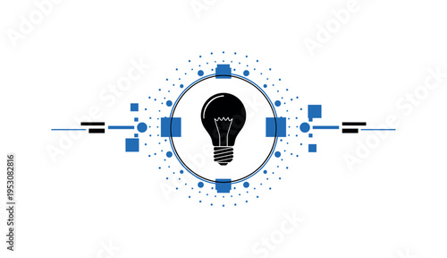 Centered silhouette-style light bulb icon framed by a thin circular outline, surrounded by small blue dots and flat geometric blocks arranged symmetrically,