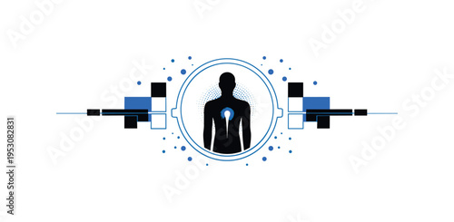 Centered silhouette-style human figure icon with highlighted back area framed by a thin circular outline, surrounded by small blue dots and flat geometric