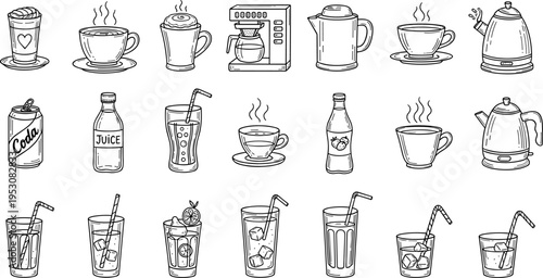 Collection of hand-drawn beverage icons including coffee, tea, soda, juice, and kettles