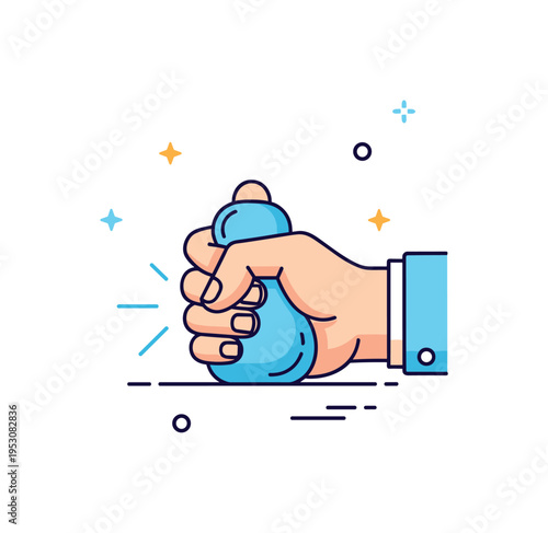 Physical pressure illustrated by a hand gently squeezing a soft stress ball with small lines indicating force, conveying tension relief and mindfulness.