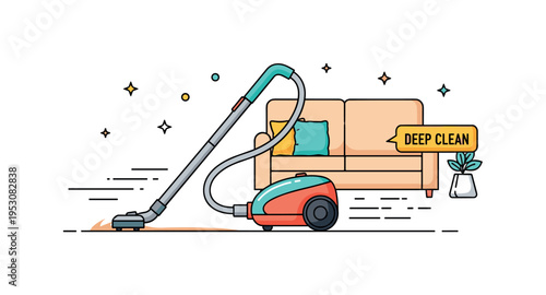 Vacuuming the living room focused on a compact vacuum cleaner with subtle motion lines and a clean carpet edge detail. A small ?Deep Clean? label emphasizes
