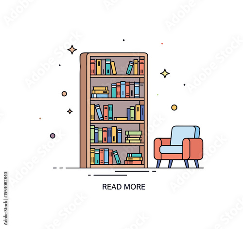 Library reading corner centered on a tall bookshelf with neatly arranged books and a small armchair placed beside it, conveying quiet focus and intellectual