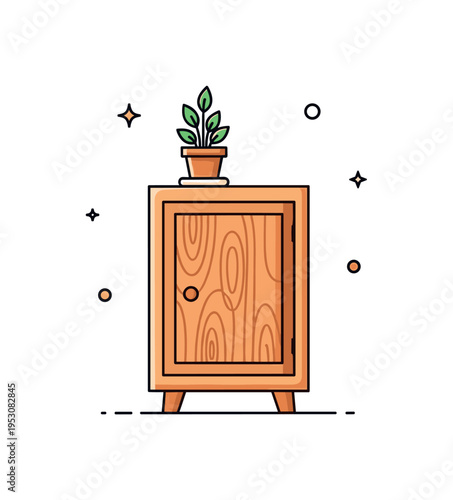 Wooden cupboard furniture design shown as a classic freestanding cabinet with subtle wood grain accents and a small potted plant on top. The visual conveys