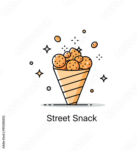Crispy bites street food scene centered on a small paper cone filled with crunchy pieces and subtle sparkle accents. A gentle ?Street Snack? label communicates
