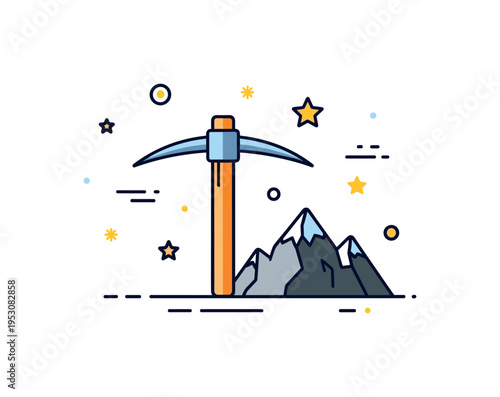 Prospecting adventure theme represented by a pickaxe combined with a small mountain silhouette, expressing exploration and rugged outdoor work. The clean badge