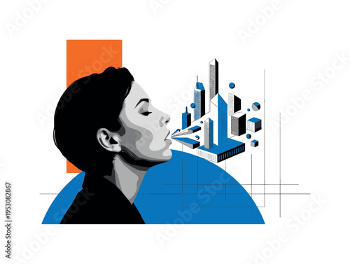 Black and white face in profile exhaling bubbles that transform into small geometric skyscrapers below, bold blue semicircle framing lower composition, thin