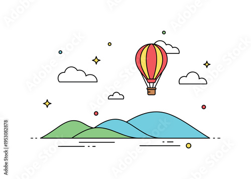 Clear calm skies with a single hot air balloon floating gently above rolling hills, symbolizing freedom, relaxation, and peaceful exploration. Minimalist flat