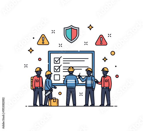 Emergency response team disaster preparedness training scene centered on a small group of uniformed silhouettes coordinating around a checklist board with