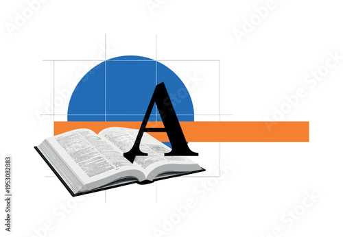 Black and white dictionary book slightly open with oversized single letter emerging, large flat blue circle behind intersected by thin grid lines, bright