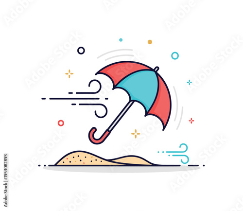 Windy beach weather concept showing an umbrella slightly tilted with subtle motion lines and small sand swirls, conveying breezy coastal conditions. The scene